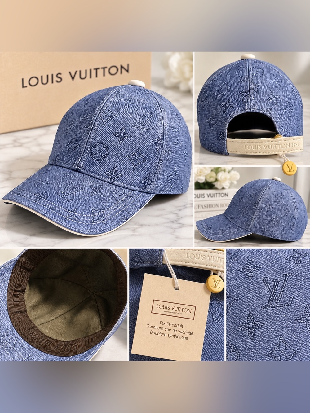 Louis Vuitton Blue Denim Monogram Baseball Cap with Cream Trim